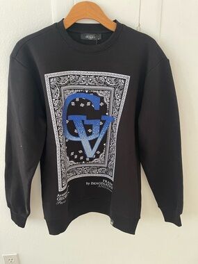 Avenue George V Paris Black Crewneck sweatshirt Sweater rhinestone GV logo M NWT